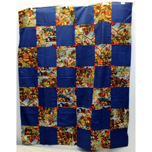 Handmade Lap Throw Blanket Quilted Bountiful Harvest Fruit Vegtables Blue 37"x44 - Picture 1 of 8
